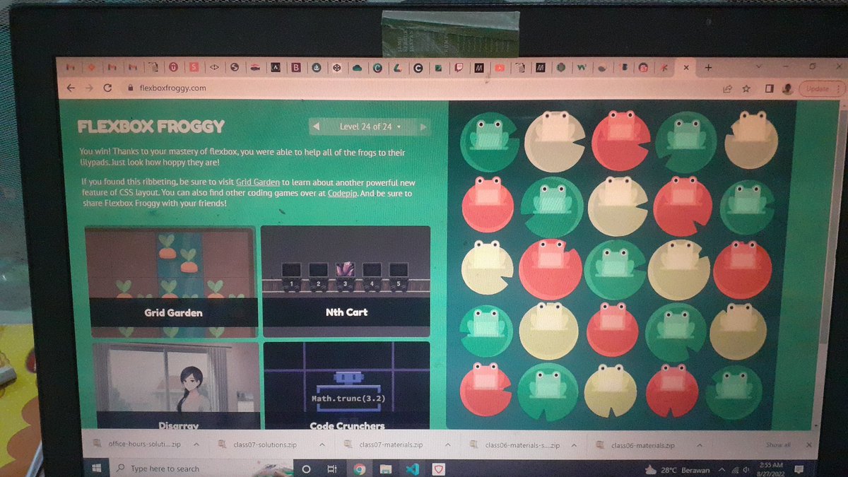 marzcoding's tweet image. Yayy! Completed level 24/24 of @playcodepip's flexbox froggy game.. what a fun way to learn about flexbox CSS.. done class-07 #100Devs's homework.. onto the next one 🔥🔥💪💪
#100DaysOfCode
#learntocode