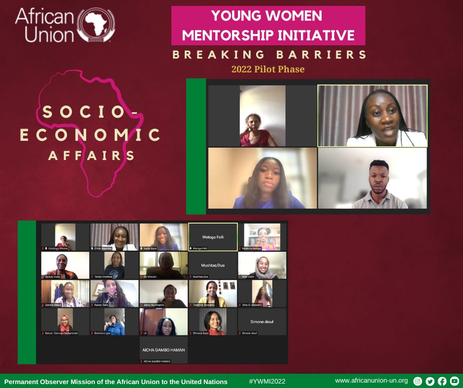 #YWMI2022 Today, our talented and creative mentees, and our passionate mentors Ms. <a href="/Duarte_UNOSAA/">Cristina Duarte</a> , <a href="/UN/">United Nations</a> Special Advisor on Africa and Ms.  @ChidoCleoMpemba, the @AU_YouthEnvoy had very fruitful discussions around careers &amp; experience in the Socio-Economic Affairs in #Africa.