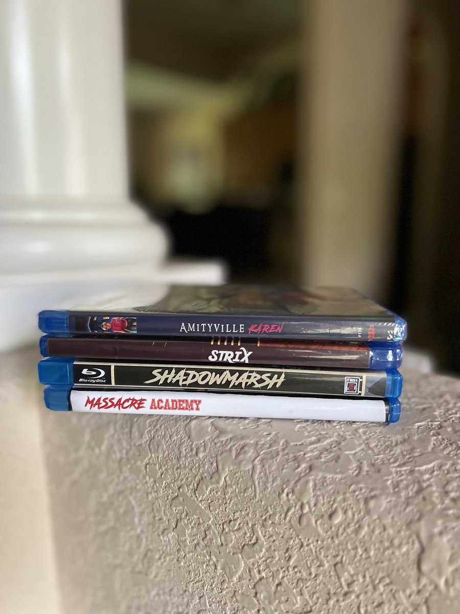 KRUMSTUDIOS's tweet photo. Physical media lives on! Iโm slowly growing a nice collection of movies Iโv personally worked on! Itโs been great collaborating with so many talented people! Canโt wait for more! #MassacreAcademy #ShadowMarsh #STRIX #AmityvilleKaren #bluraycollection #horrormovies https://t.co/29oJUasIot