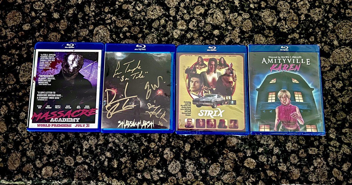 KRUMSTUDIOS's tweet photo. Physical media lives on! Iโm slowly growing a nice collection of movies Iโv personally worked on! Itโs been great collaborating with so many talented people! Canโt wait for more! #MassacreAcademy #ShadowMarsh #STRIX #AmityvilleKaren #bluraycollection #horrormovies https://t.co/29oJUasIot