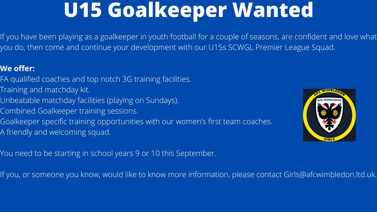 GOALKEEPER WANTED

Our U15 team is looking for a Goalkeeper! See the post below for more information on how you can become part of our friendly and welcoming club.

#AFCW #COYD