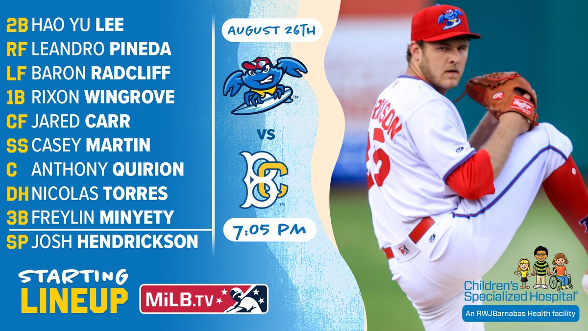 BlueClaws's tweet photo. Josh Hendrickson takes the hill tonight - here's the @RWJBarnabas BlueClaws Lineup, 7:05 against Brooklyn. #GoClaws https://t.co/z3XnM8Bf8F