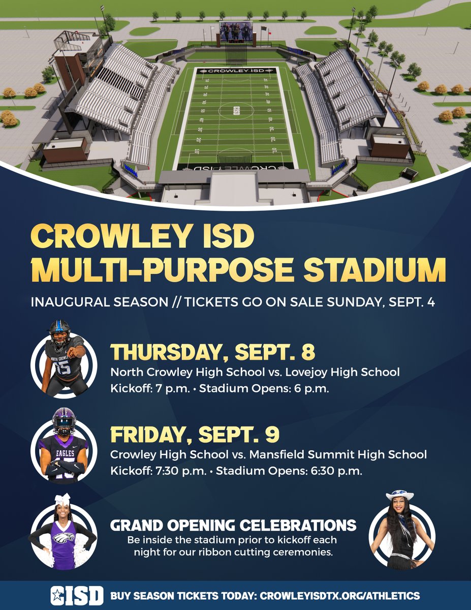CrowleyISD's tweet photo. Crowley ISD is taking Friday night lights to the next level this fall with its new state-of-the-art Multi-Purpose Stadium. The new facility, part of the voter-approved 2007 bond, is set to open Sept. 8-9. Get your tickets to be a part of this historic event! #CrowleyPrideUnified https://t.co/bcb2VtQKns
