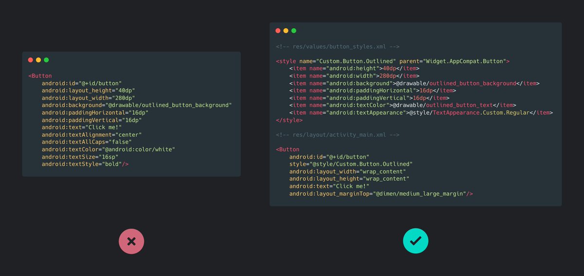 waseefakhtar's tweet photo. Android Tip:

Instead of setting attributes every time you create a UI element, create a custom style once and apply that with the style attribute.

This keeps the design consistent across the app as well as avoid code repetition.

#AndroidDev #Android #AndroidTip #100DaysOfCode https://t.co/Yd7PfGX5nx