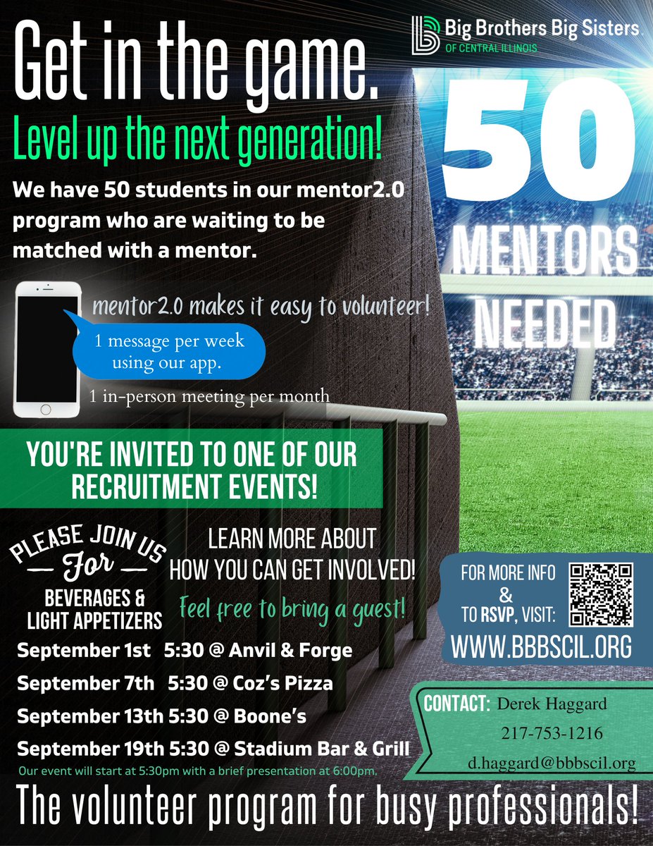 Attention Springfield: We have 50 students at Southeast High School who are waiting to be matched with a mentor for this school year!  
We are hosting several recruitment events throughout September! 
For more info and to RSVP, visit: classy.org/event/get-in-t…