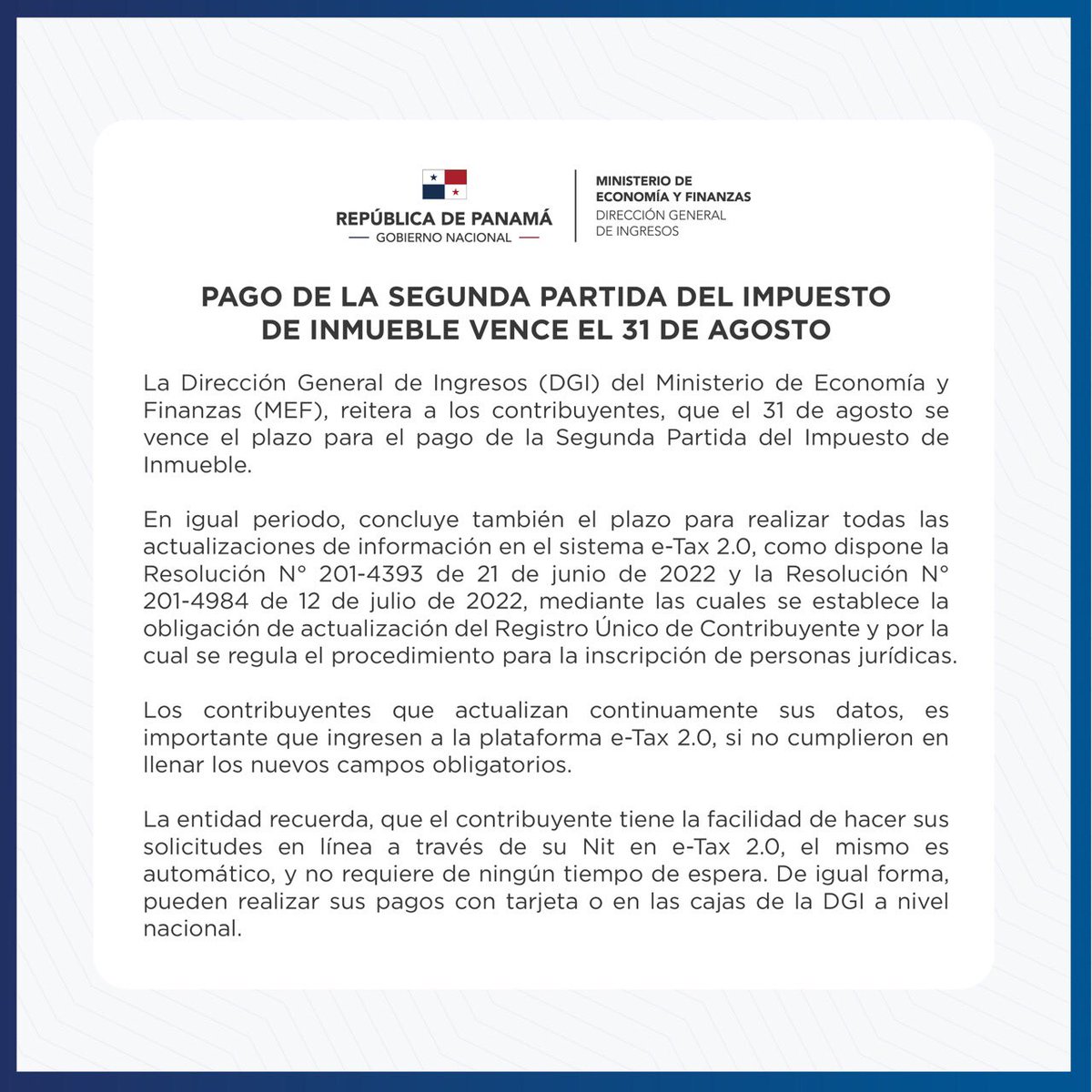 Estimado contribuyente, te recordamos que el pago de la segunda partida del Impuesto de Inmueble vence el próximo miércoles 31 de agosto.

#DGIcontigo
#ImpuestodeInmueble