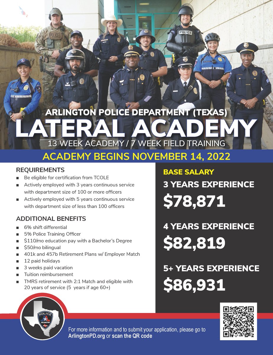 Choose to be APD: Are you a licensed police officer looking to make the move to one of the best police departments in Texas? 

Check out our new Lateral Academy option. This will be a 13 week academy followed up by 7 weeks of Field Training &amp; salary increases w/experience.