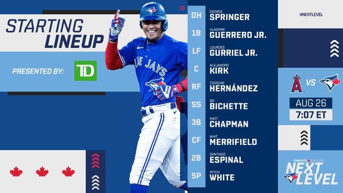 Blue Jays lineup against the Angels on August 26: DH Springer, 1B Guerrero Jr., LF Gurriel Jr., C Kirk, RF Hernández, SS Bichette, 3B Chapman, CF Merrifield, 2B Espinal (pictured), SP White. First pitch: 7:07pm ET.