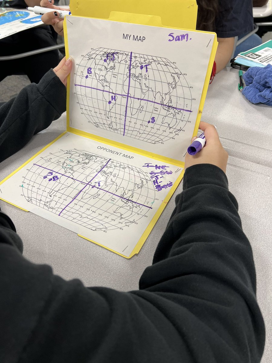 CoachBric's tweet photo. We are having a fun but focused Friday! Building our skills of Longitude and Latitude with a Battle Ship competition!
#LearningCanBeFun @cyfallshs https://t.co/D7JLHW1Xv1