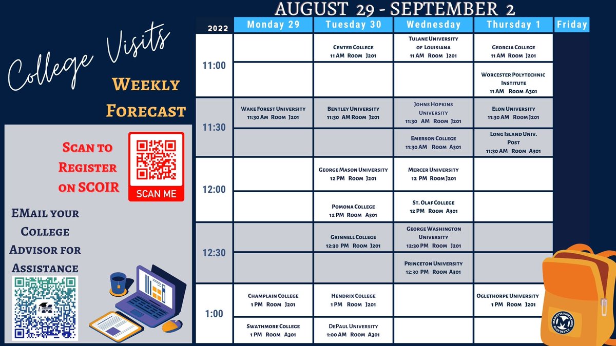 We have a ton of college visits scheduled for next week! Please make sure you sign up to attend using your Scoir account!