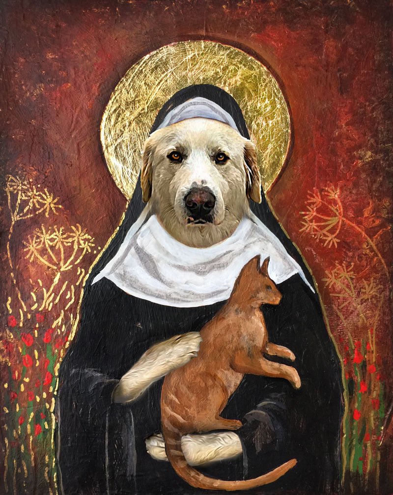 EmilynnRC's tweet photo. @RenaissancePet also made this portrait of my fur-niece, Trudy!!

(Trudy, short for Gertrude, is my besties’ service dog, so having her portrayed as St. Gertrude of Nivelles, PLUS holding an orange cat like my own boy… *chef’s kiss*!!) https://t.co/zpxcR8cIoc
