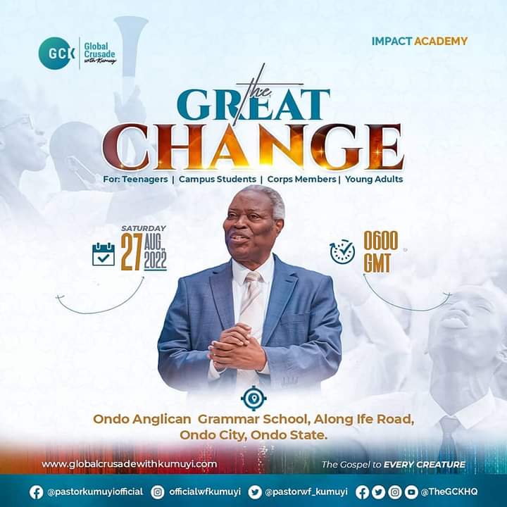 ypfonlineHQ's tweet photo. Are you ready for THE GREAT CHANGE?

Join us tomorrow for another exciting moment at the IMPACT ACADEMY right in the city of Ondo State.

The Man of God, Pastor WF Kumuyi has prepared concise steps that will lead to a great change in your life. https://t.co/UFLXKYE6iV