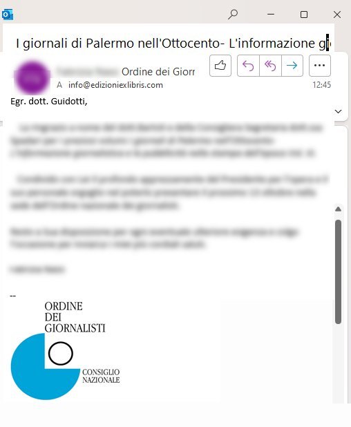 edexlibris's tweet image. Il Consiglio Nazionale dell'Ordine dei Giornalisti mi ha contattato telefonicamente e poi via mail per esprimere il proprio apprezzamento verso i libri "I giornali di Palermo nell'Ottocento", a nome del Presidente, del Vicepresidente e del Segretario generale. 
@edexlibris