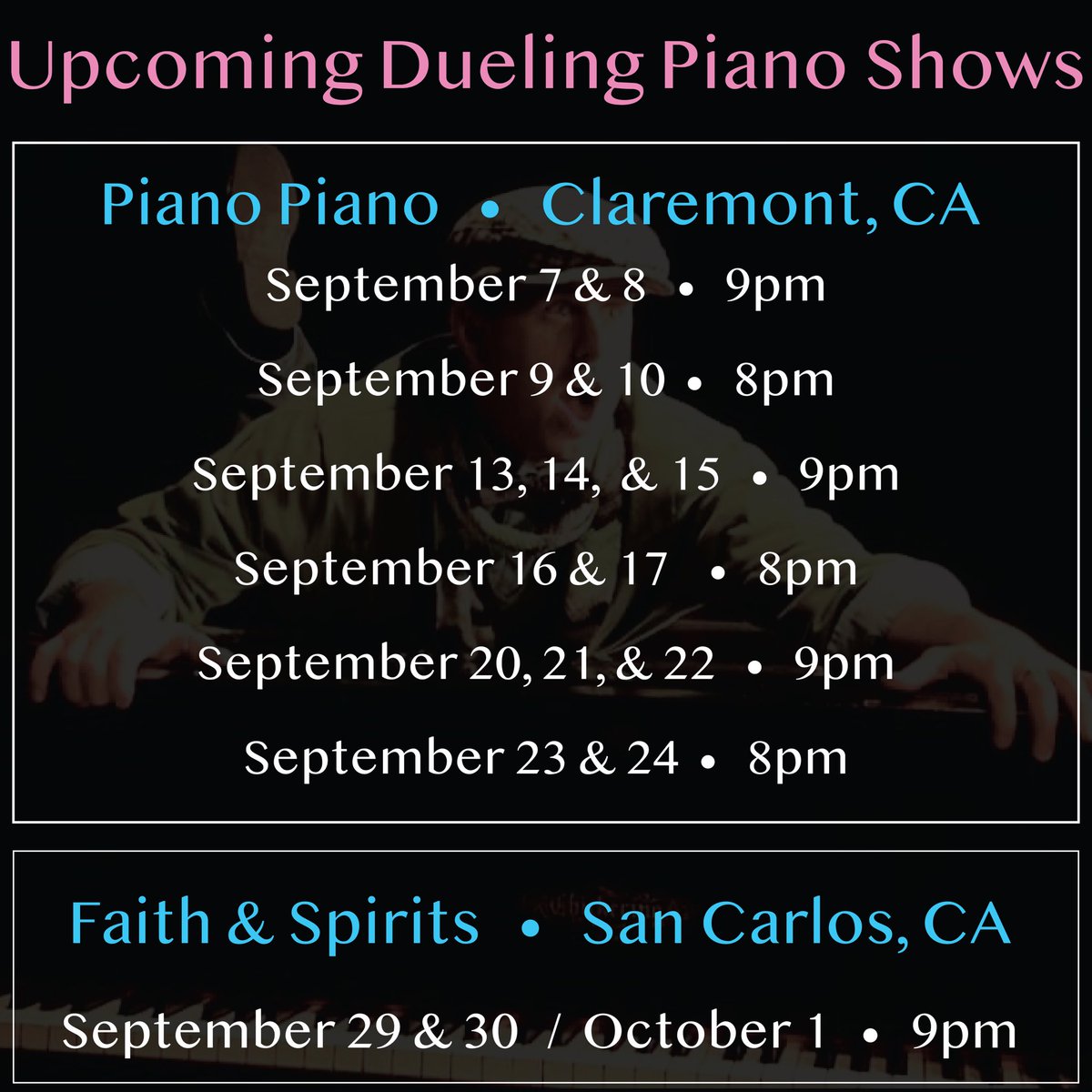 September is going to be fun!

#professional #musician #duelingpianos #livemusic #allrequestshow #diva #gayboy #lgbtqia #singer #piano #coversongs #comedyshow #nightlife #claremontca #sancarlosca