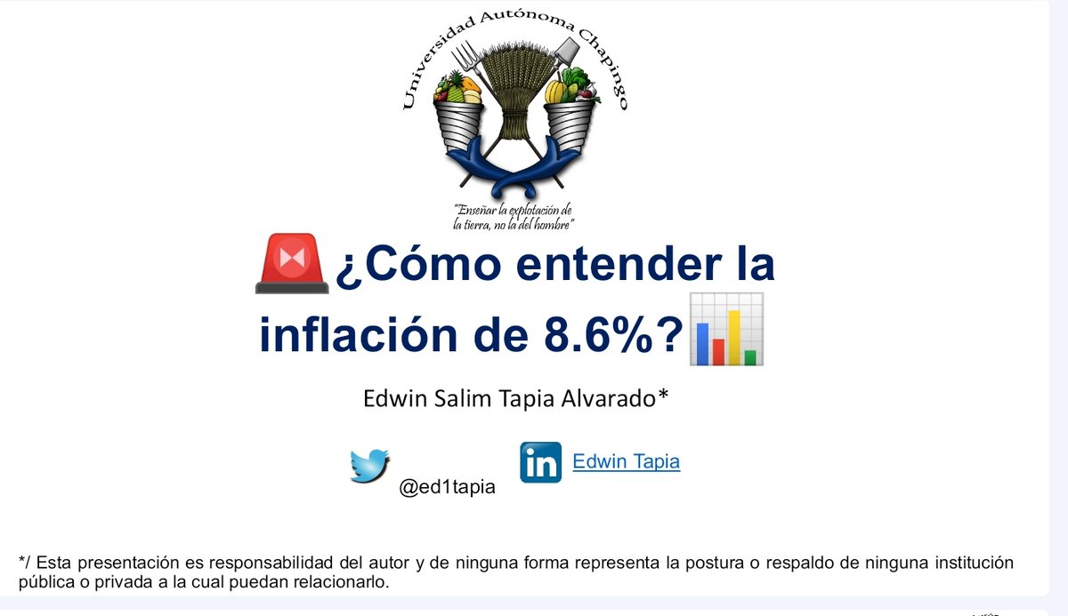 Ed1tapia's tweet photo. 📊¿Cómo entender la #inflación del 8.6?📈

Cambios en patrones de #consumo que favorecen a #alimentos y mayor incertidumbre en las #expectativas de inflación son factores que explican los fuertes incrementos en precios.

Discutí estás ideas en la Universidad Autónoma de Chapingo. https://t.co/3v8anfZ64B