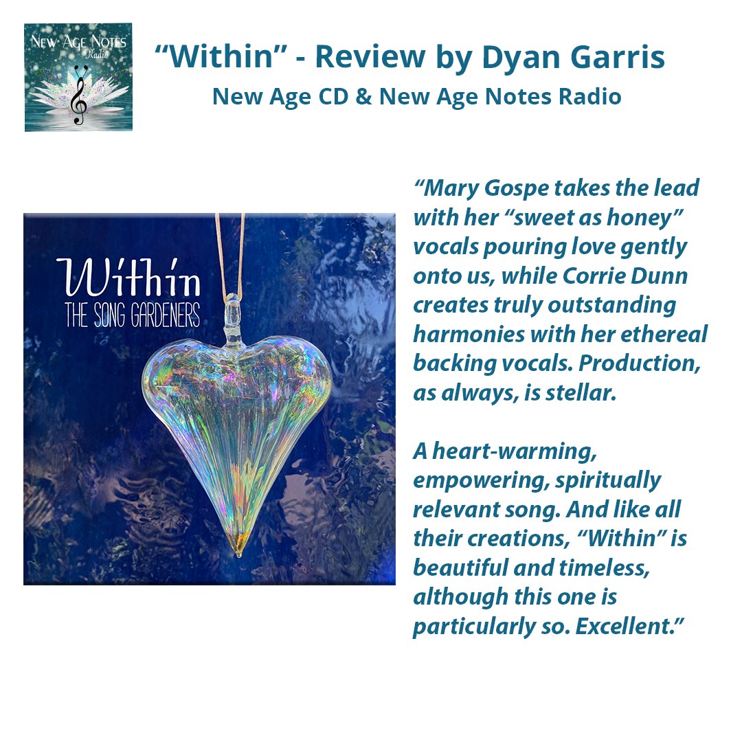 Thank you to Dyan Garris at #NewAgeNotesRadio and New Age CD for the review of "Within," the #newsingle by <a href="/songgardeners/">The Song Gardeners (Official)</a>. "Within is beautiful and timeless...Excellent." Listen now at lnk.dmsmusic.co/thesonggardene…