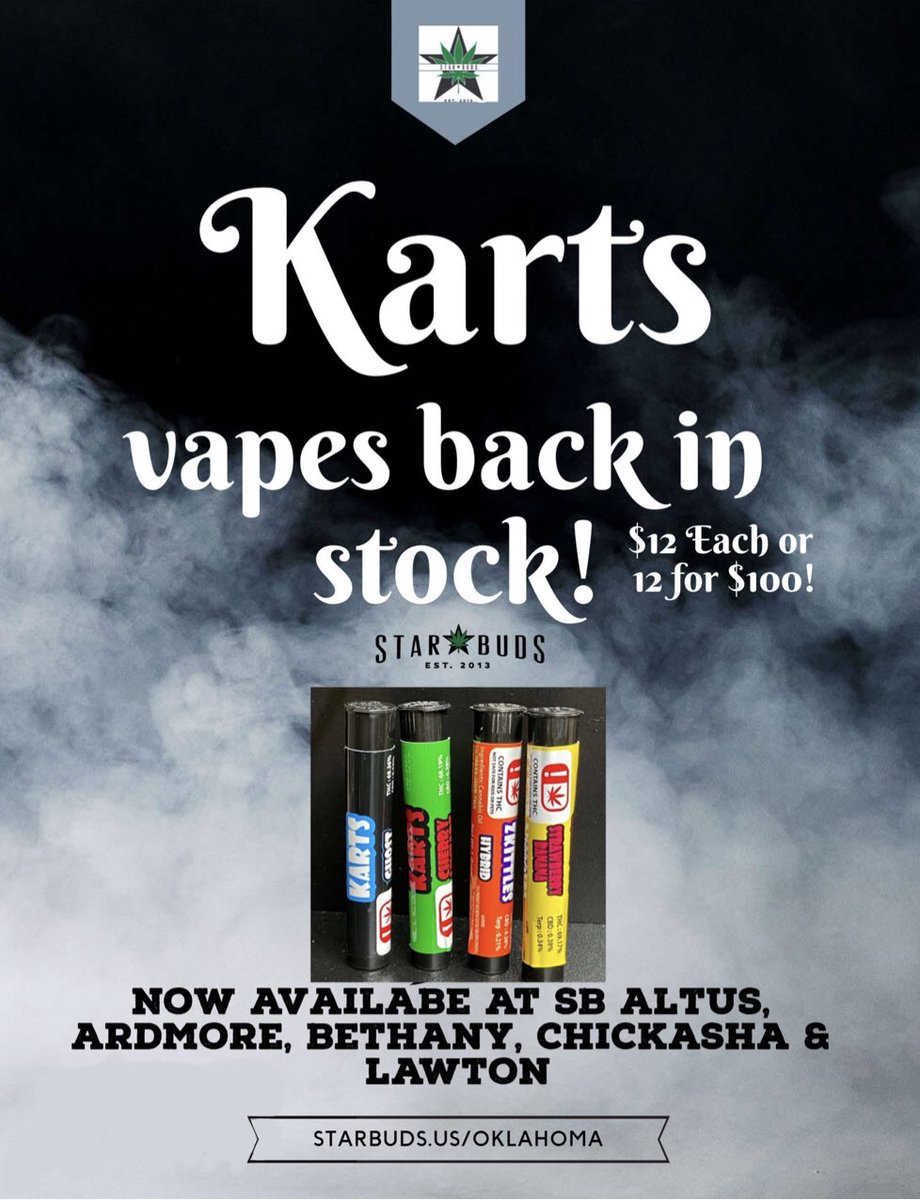 Star_Buds_OK's tweet photo. We have Karts Vape Cartridges back in stock at Select Star Buds locations! Come and get yours quick before they're gone! Stock up on 12 for $100 OTD!! See ya soon!
😮‍💨*While Supplies Last* 💨

#puffpuffpass #cannabisculture  #weedlifestyle #Oklahoma 
#420community 
#vape #vapecart https://t.co/pk3ZMgPg3p