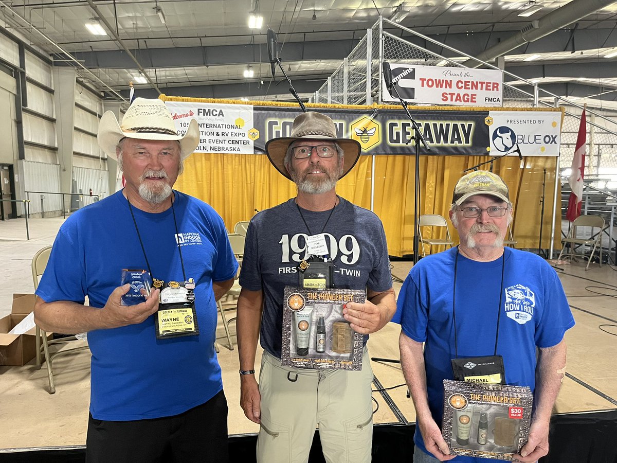 FamilyRVClub's tweet photo. Congratulations to our Mr.Whiskers winner, Wayne Baumann! 

Wayne was the overall winner and goatee champion, Pink Wilkerson had the best beard, and Mike Mintey had the best mustache. 

#fmcaNE22 https://t.co/vDdEwc3KN4