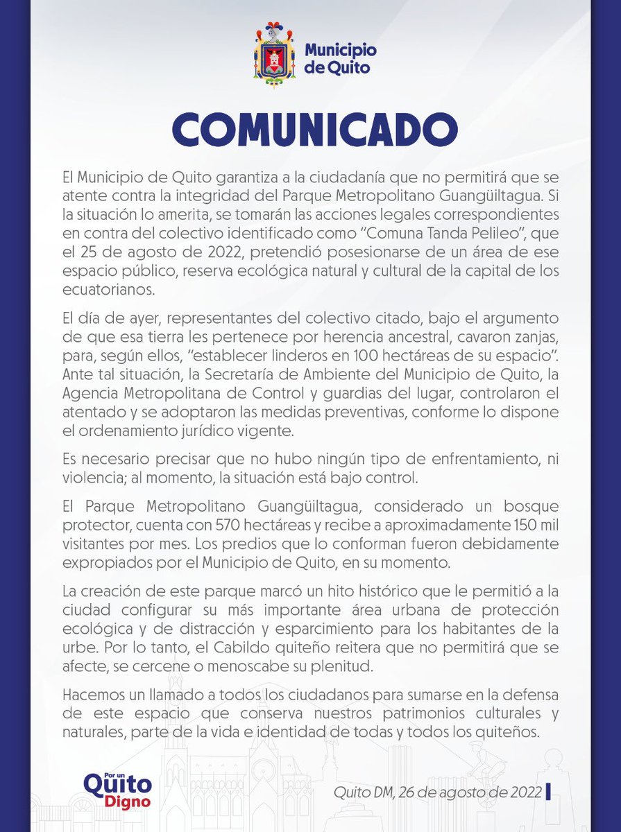 MunicipioQuito's tweet photo. #Comunicado | Garantizamos a la ciudadanía que no se permitirá que se atente contra la integridad del Parque Metropolitano Guangüiltagua. Hacemos un llamado a todos los ciudadanos a sumarse en la defensa de este espacio que conserva nuestros patrimonios culturales y naturales. https://t.co/lWIS87lK7x