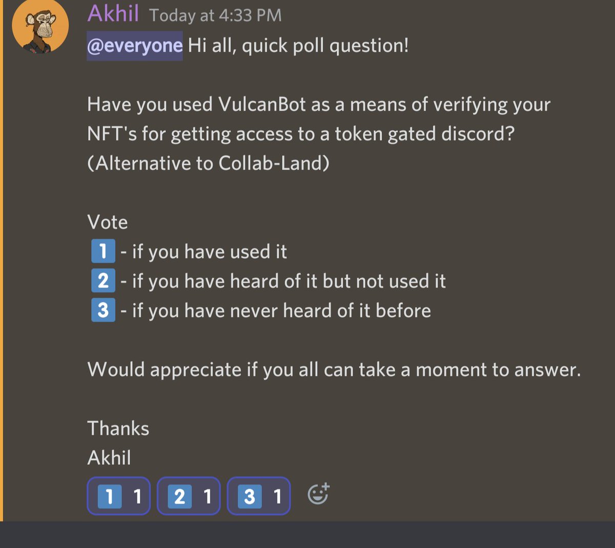trackthemyth's tweet photo. If you are in our Discord, could you take a moment to answer this question about VulcanBot? https://t.co/ydNTRYbqkt