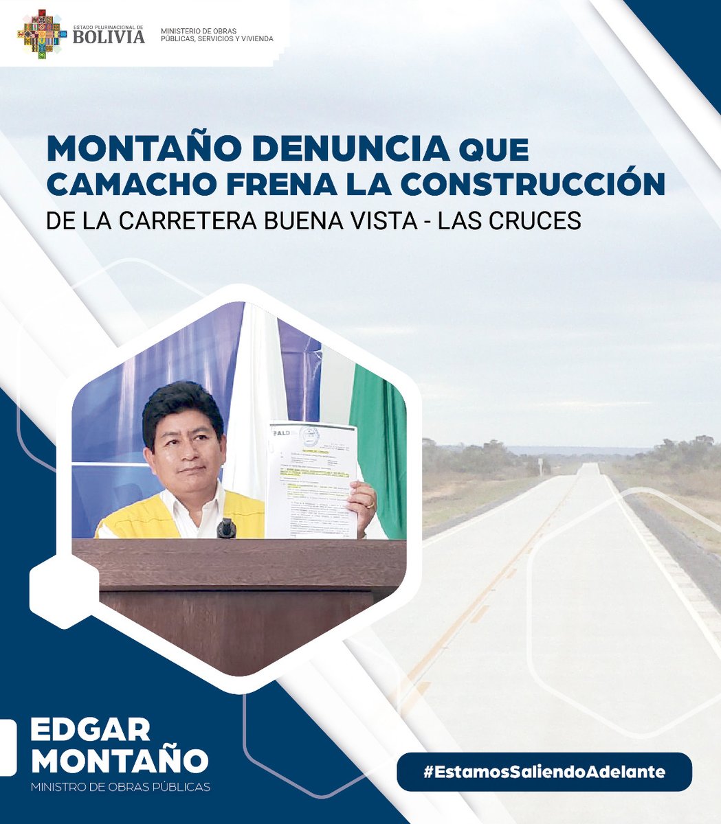 mopsv_Bolivia's tweet photo. #MOPSV | Pese a haber firmado un convenio intergubernativo, el gobernador #LuisFernandoCamacho frenó, mediante sus asambleístas, la construcción de la carretera Buena Vista –  Las Cruces, por temas políticos e ideológicos, denunció Montaño. 
https://t.co/TsK7wMXsqN https://t.co/PQvuv3r78V