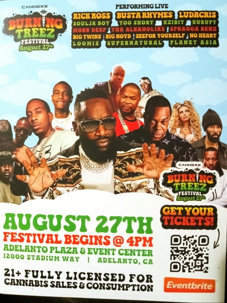 ThaBlackDiamond's tweet photo. Cannexs 

Burning Treez Festival 

August 27th
Festival Begins @ 4PM

Adelanto Plaza &amp; Event Center 
12000 Stadium Way 
Adelanto, California

21+ Fully Licensed For Cannabis Sales &amp; Consumption

Live Performance
#Adelanto #BurningTreez #Cannexs #420Business #420budzclub #Business https://t.co/hYsm8XyiaX