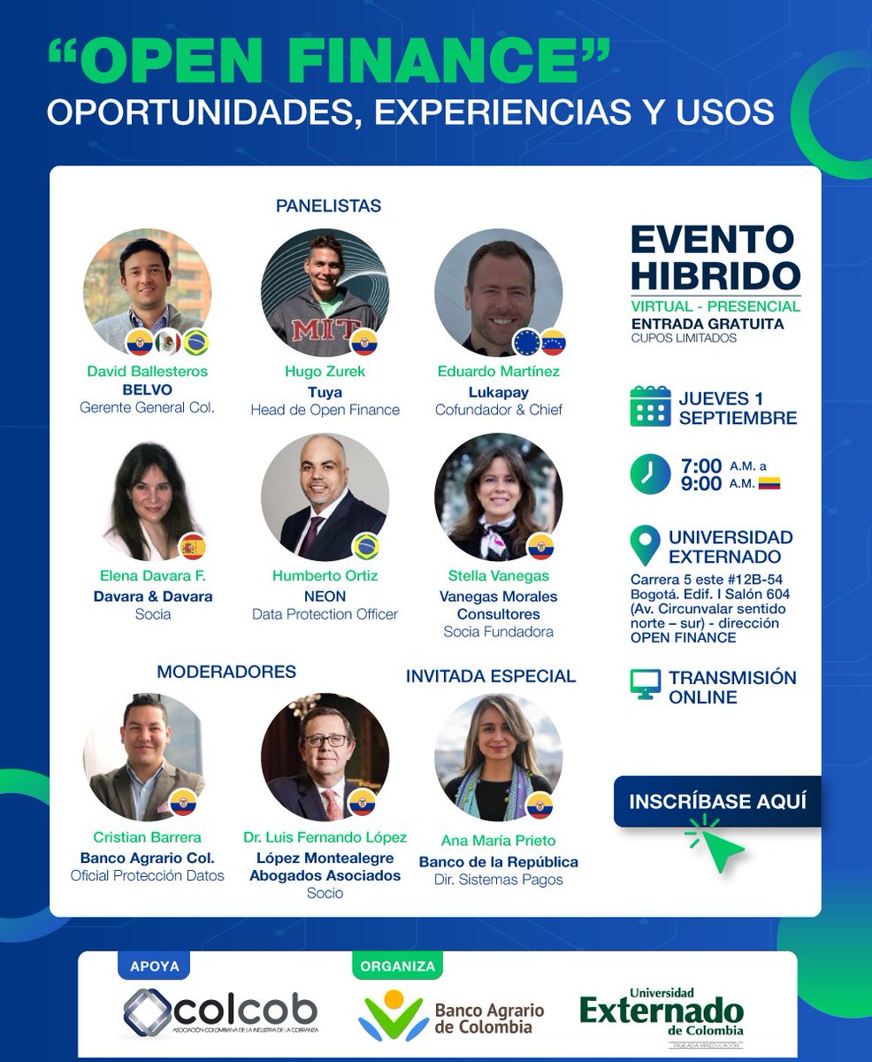 dfinybursatil's tweet photo. #EventoUExternado
📌 Inscripciones abiertas- Charla "Open Finance" Oportunidades, experiencias y usos. Fecha: 01 de septiembre de 2022 - 7:00 am-Modalidad: Hibrido (presencial y virtual) Link de registro: https://t.co/TRgBx0ADQZ
Mas información: PBX 601 341 9900, exts 1185 y 1187 https://t.co/KlYyldjYmK