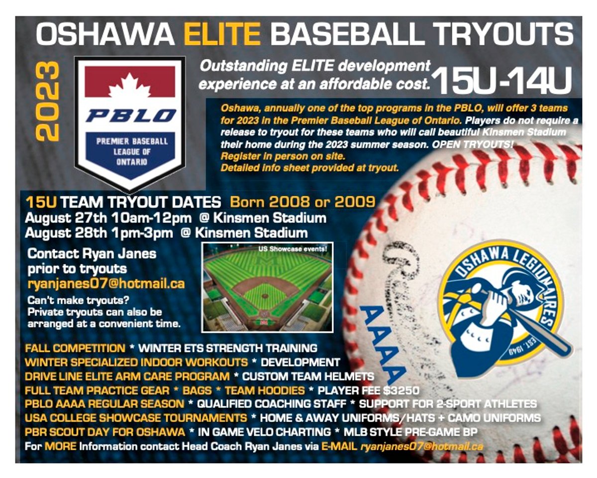 Baseball Oshawa (@baseballoshawa) on Twitter photo Tryouts for the 15U/14U Elite Legionaires are Saturday, August 27, from 10 am to noon and Sunday, August 28, from 1 to 3 pm. Head coach Ryan Janes will be waiting to meet you. <a href="/ThePBLO/">Premier Baseball League of Ontario</a>
baseballoshawa.com/news_article/s… Tryouts for the 15U/14U Elite Legionaires are Saturday, August 27, from 10 am to noon and Sunday, August 28, from 1 to 3 pm. Head coach Ryan Janes will be waiting to meet you. <a href="/ThePBLO/">Premier Baseball League of Ontario</a>
baseballoshawa.com/news_article/s…