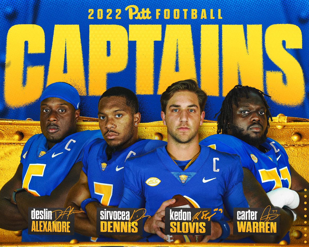 2022 Pitt Football Team Captains ✨ Deslin Alexandre » @_Deslin (2x) SirVocea Dennis » @Sirvocea Kedon Slovis » @Kedonslovis Carter Warren » @CarterWarren79 Details » bit.ly/Captains22 #H2P 🏈 #WeNotMe