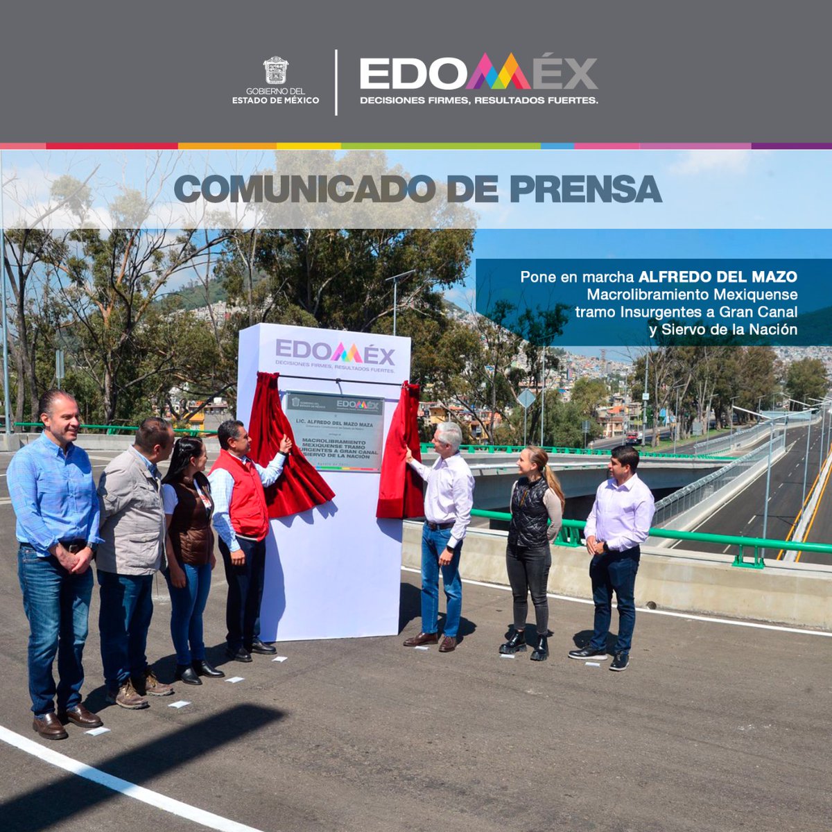 #ComunicadoDePrensa

El Gobernador <a href="/alfredodelmazo/">Alfredo Del Mazo</a> pone en marcha el Macrolibramiento Mexiquense tramo Insurgentes a Gran Canal y Siervo de la Nación.

Más Información: 👇🏼
bit.ly/3cmQqX8