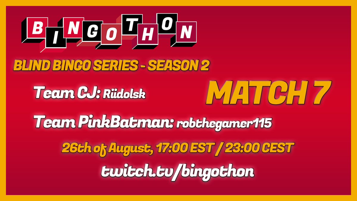 bingothon's tweet photo. Get ready for MATCH 7 of the Blind Bingo Series Season 2, which is sure to make you roll in hype! ⚡️

🏃 TEAM CJ: @Riidolsk
🏃TEAM PINKBATMAN: @robthegamer115

What game will it be? Join us now to find out! 👇

🖥️ https://t.co/YGAQhDsz3T https://t.co/A8HSZUgPrb