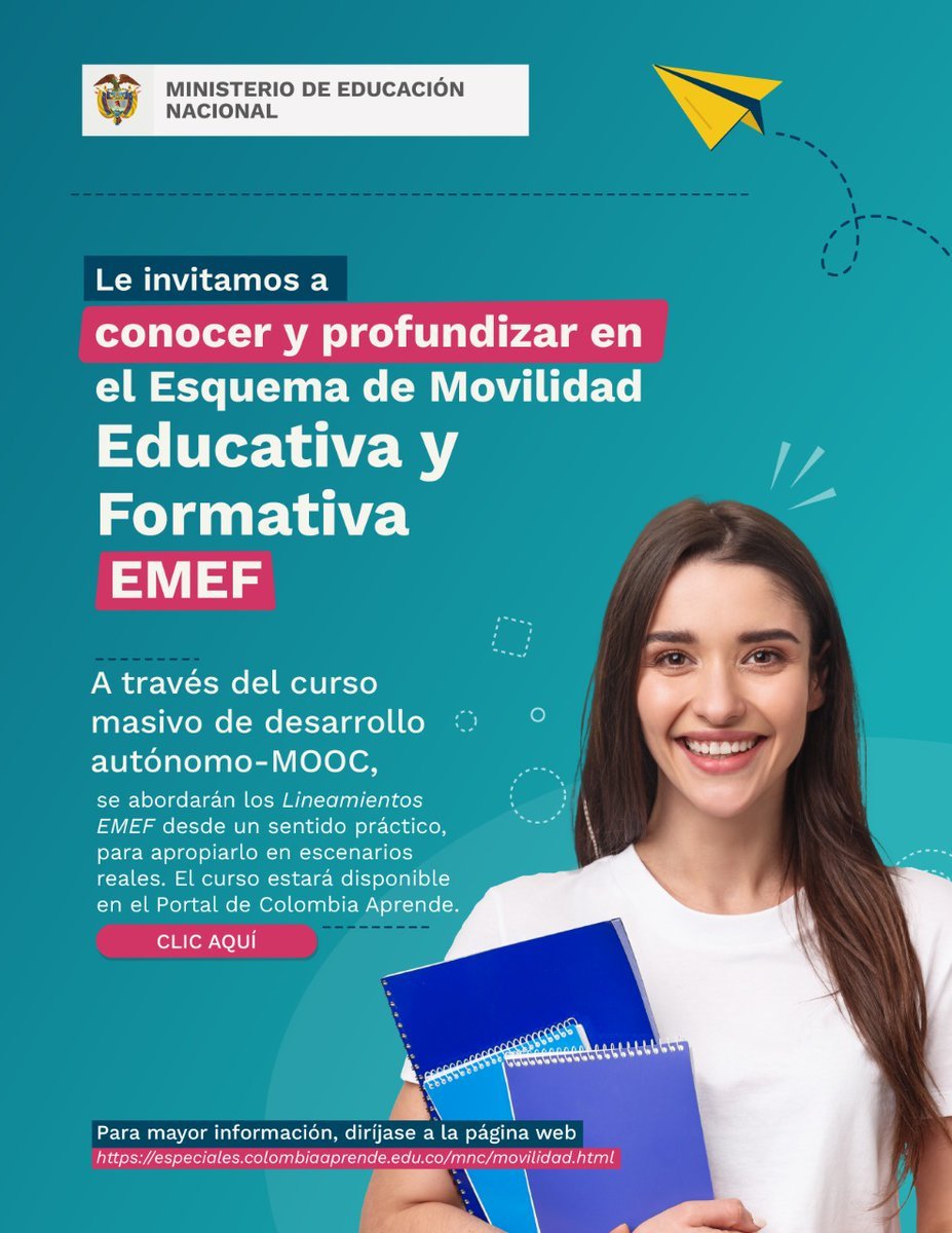 Mineducacion's tweet photo. Docentes👩‍🏫👨‍🏫, regístrense en el Portal @ColombiaAprende y participen en el Curso 'Masivo de desarrollo autónomo #MOOC' del Esquema de Movilidad Educativa y Formativa - EMEF ➡️ https://t.co/lY9Z6Gz1fS

👉 https://t.co/eNTg9b4fUR https://t.co/XQHVDKgg27