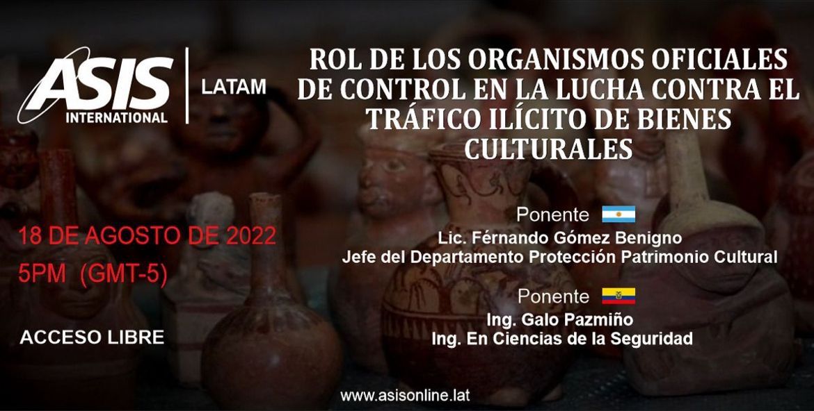 asisperu222's tweet photo. Cordialmente Invitados al webinar ROL DE LOS ORGANISMOS OFICIALES DE CONTROL EN LA LUCHA CONTRA EL TRÁFICO ILÍCITO DE BIENES CULTURALES
Jueves 18 de agosto 5PM (GMT-5)
Regístrate aquí 👉 https://t.co/IONuvWgWpG
Ponentes:
Lic. Fernando Gómez Benigno 🇦🇷
Ing. Galo Pazmiño 🇪🇨 https://t.co/7lrWPZ8KpJ