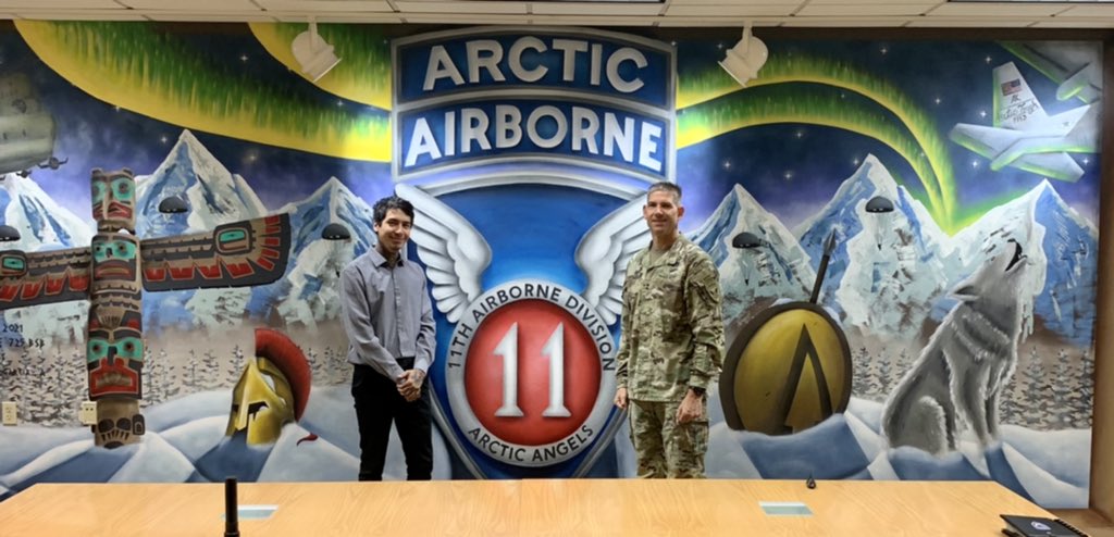 Former Soldier from Alaska, Andrew Garcia- studying to be a Graphic designer (courtesy of the GI Bill), shows off his latest mural in the Division HQs.
#SoldierForLife
#ArcticTough
@11thAirborneDiv