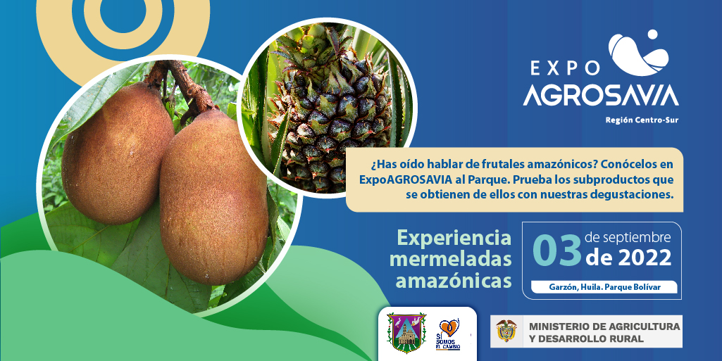 SomosAGROSAVIA's tweet photo. Si te encuentras en Garzón, Huila, te invitamos al Parque Bolívar a #ExpoAGROSAVIA2022 #AlParque
Ven y pon a prueba tu paladar con los productos hechos a base de frutales amazónicos. Este sábado 3 de septiembre. https://t.co/ia5WP47EBp