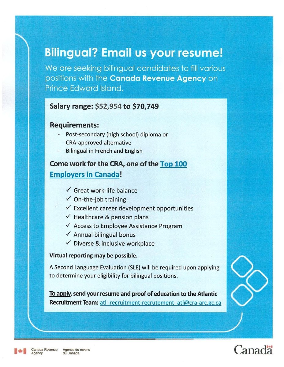 PEI_FYN's tweet photo. Bilingual and on PEI? CRA is looking for bilingual candidates! // Bilingue et à l’ÎPÈ? L’ARC est à la recherche de candidats. #jobseekers #emplois https://t.co/zg7ITPpswD