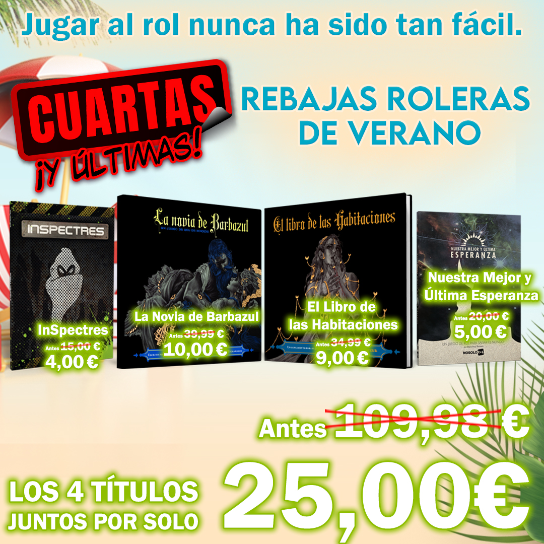 Nosolorol's tweet photo. ÚLTIMAS #RebajasRoleras de #verano. Consigue los 4 títulos juntos por 25€
¡Unidades limitadas! Hazte con las tuyas en: https://t.co/zlV3XytGIL
#Rol #MuchoRol #TeFaltaRol #RPG #JuegosDeRol #InSpectres #NMYUE #LaNoviaDeBarbazul https://t.co/tTfjeOTYS7