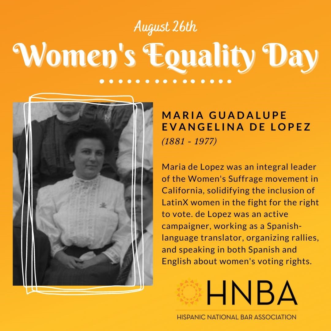 HNBANews's tweet photo. Happy Women's Equality Day! Today we celebrate the ratification of the 19th amendment granting women the right to vote. Here's to women 🎉 #TheFutureisFemale
#HispanicBar #HNBA #HNBAFamilia #Latina #LatinX #Attorney https://t.co/dnCLBwAUVL