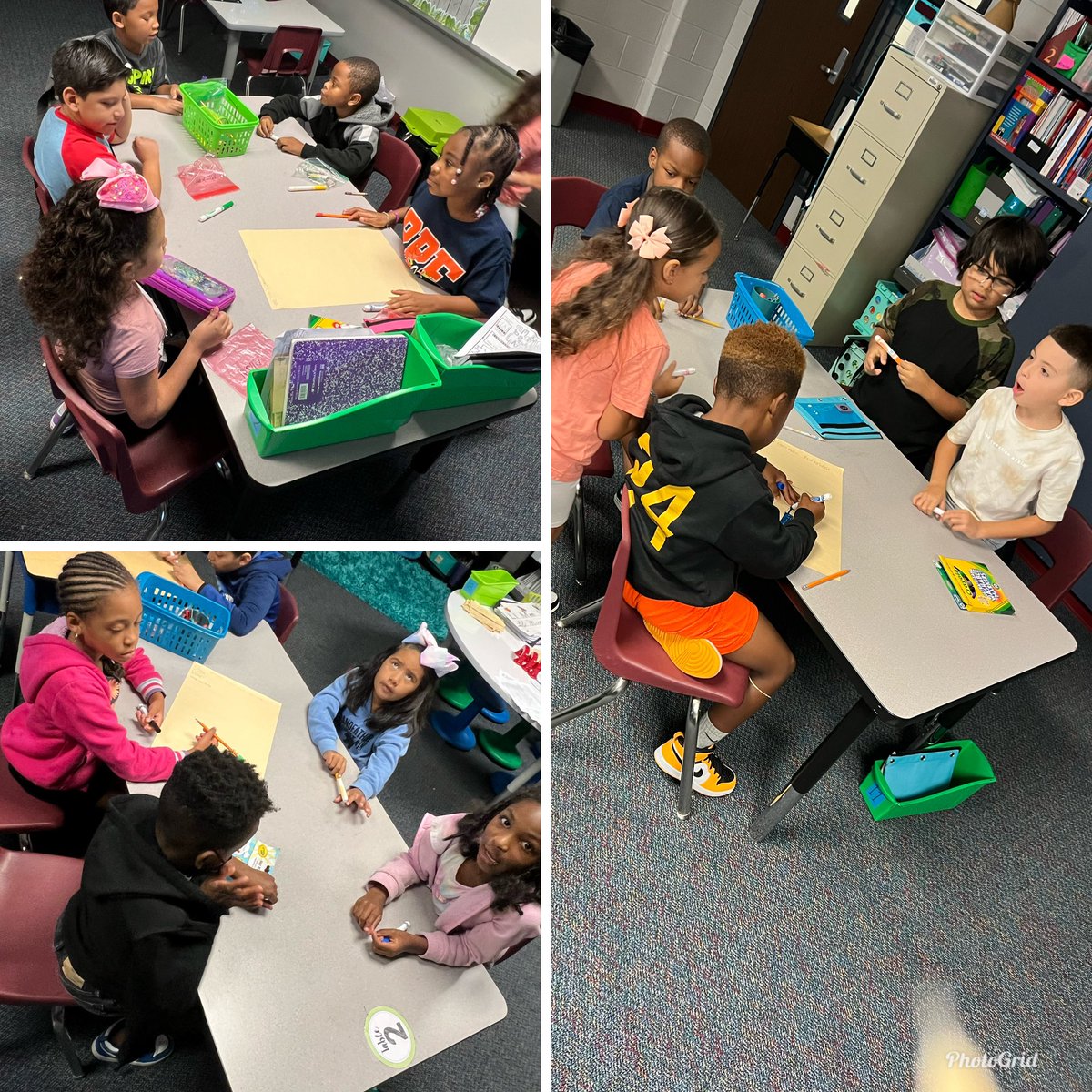 Second graders working together at their table to show their reading connections with the book, “We Don’t Eat Our Classmates” They collaborated as a team and worked on a poster to show their learning! <a href="/mrskirkwood_rpe/">Andrea Kirkwood</a> <a href="/csalinaRPE/">Claudia Salinas</a> <a href="/HumbleISD_RPE/">River Pines Elementary</a>