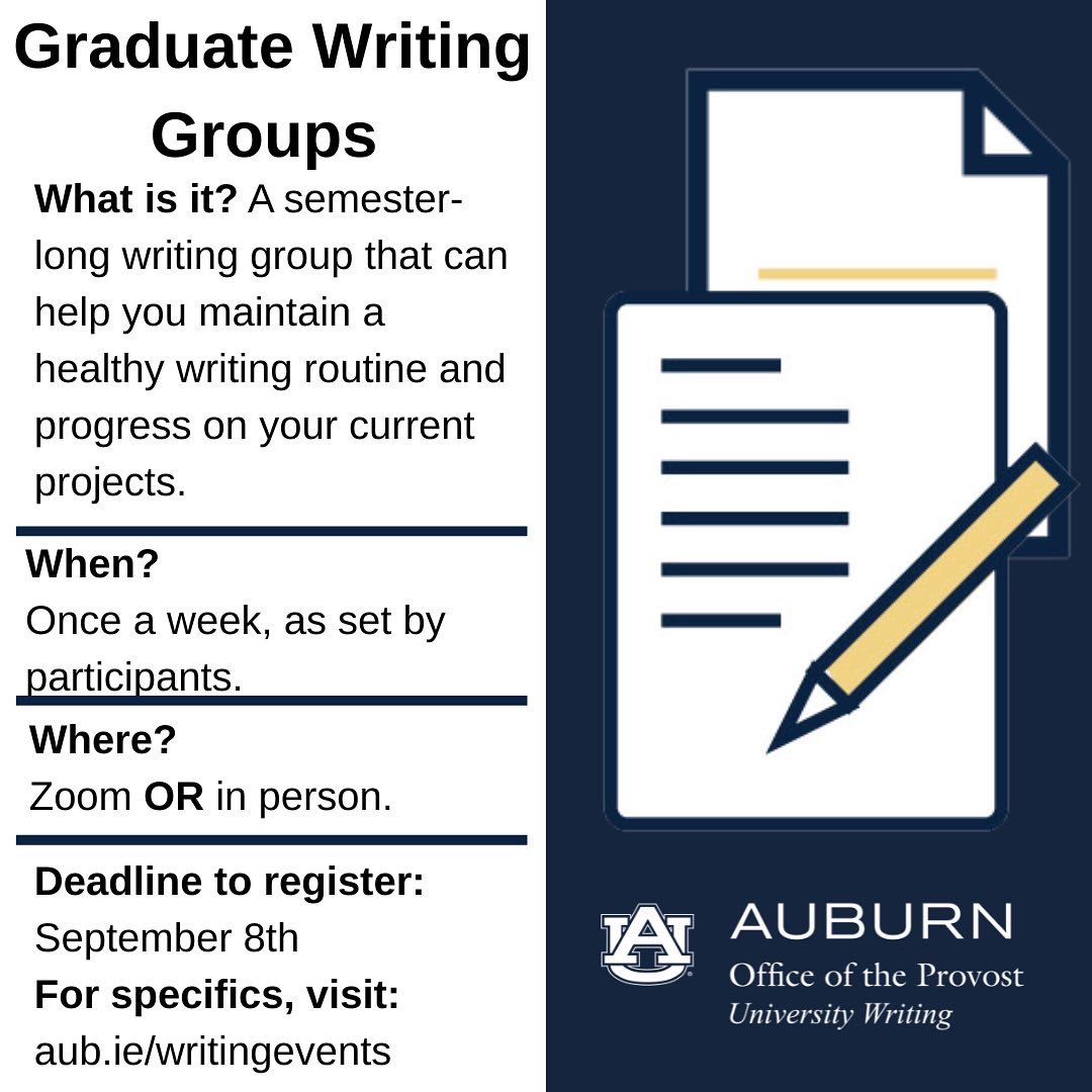 UnivWritingAU's tweet photo. There is still time to register for WriteFest and Graduate Writing Groups! We have open slots available for both programs and would love to have you! #UniversityWriting #AuburnUniversity #Auburn #WritingAtAU #MillerWritingCenter https://t.co/H5DqH5kHpF