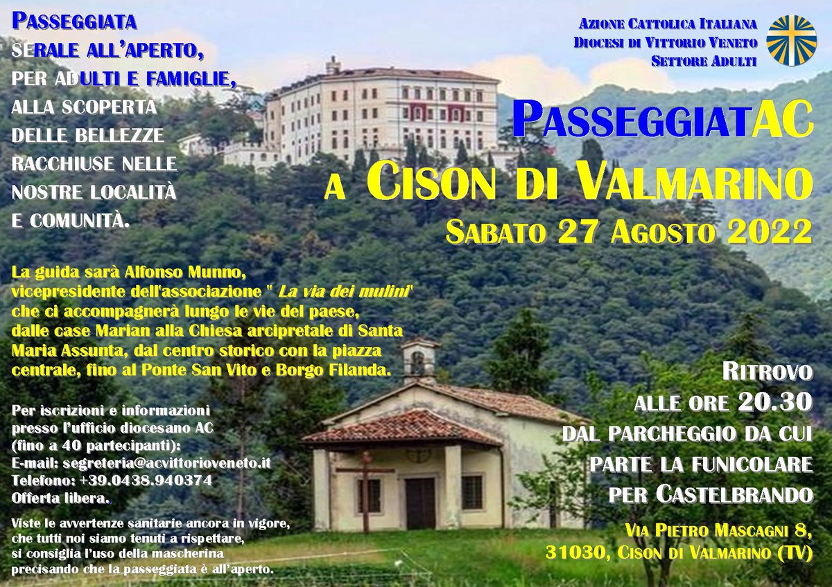AC_Vittorio's tweet photo. Terza #PasseggiatAC a Cison di Valmarino:
domani, SABATO 27 AGOSTO 2022, ALLE ORE 20.30
La guida sarà Alfonso Munno, vicepresidente dell’associazione “La via dei mulini“.
Vi aspettiamo con gioia!

Vedi i dettagli: https://t.co/la8ESkfka1 https://t.co/pjeuI3OPfH