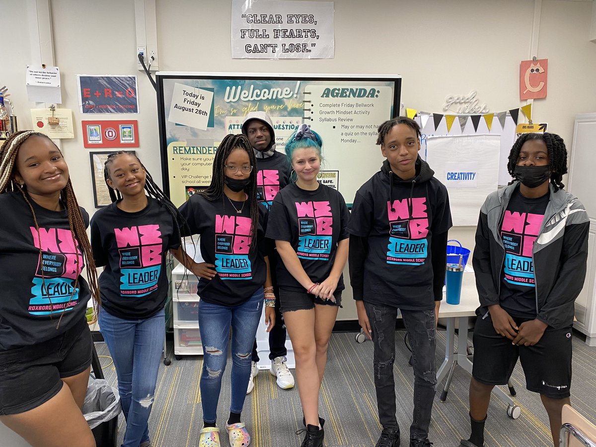 dcopelandROXMID's tweet photo. Some of @CHUHRoxMid WEB leaders rocking their new shirts! They’ve been helping 6th grades with lockers all week. #web #roxmid https://t.co/uWcI4NcBed