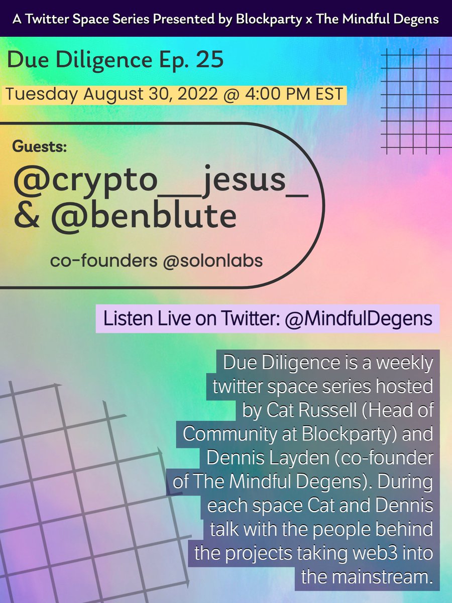 MindfulDegens's tweet photo. Hey anon, you're invited to listen in as @crypto__jesus_ &amp; @benblute, co-founders of @solonlabs, talk with hosts @cat_russell_ and @d3layd about their protocol and how they plan to improve defi.  

💙 Engage with this tweet to stay up to date 👍🏾 https://t.co/GoPxIvfzb5