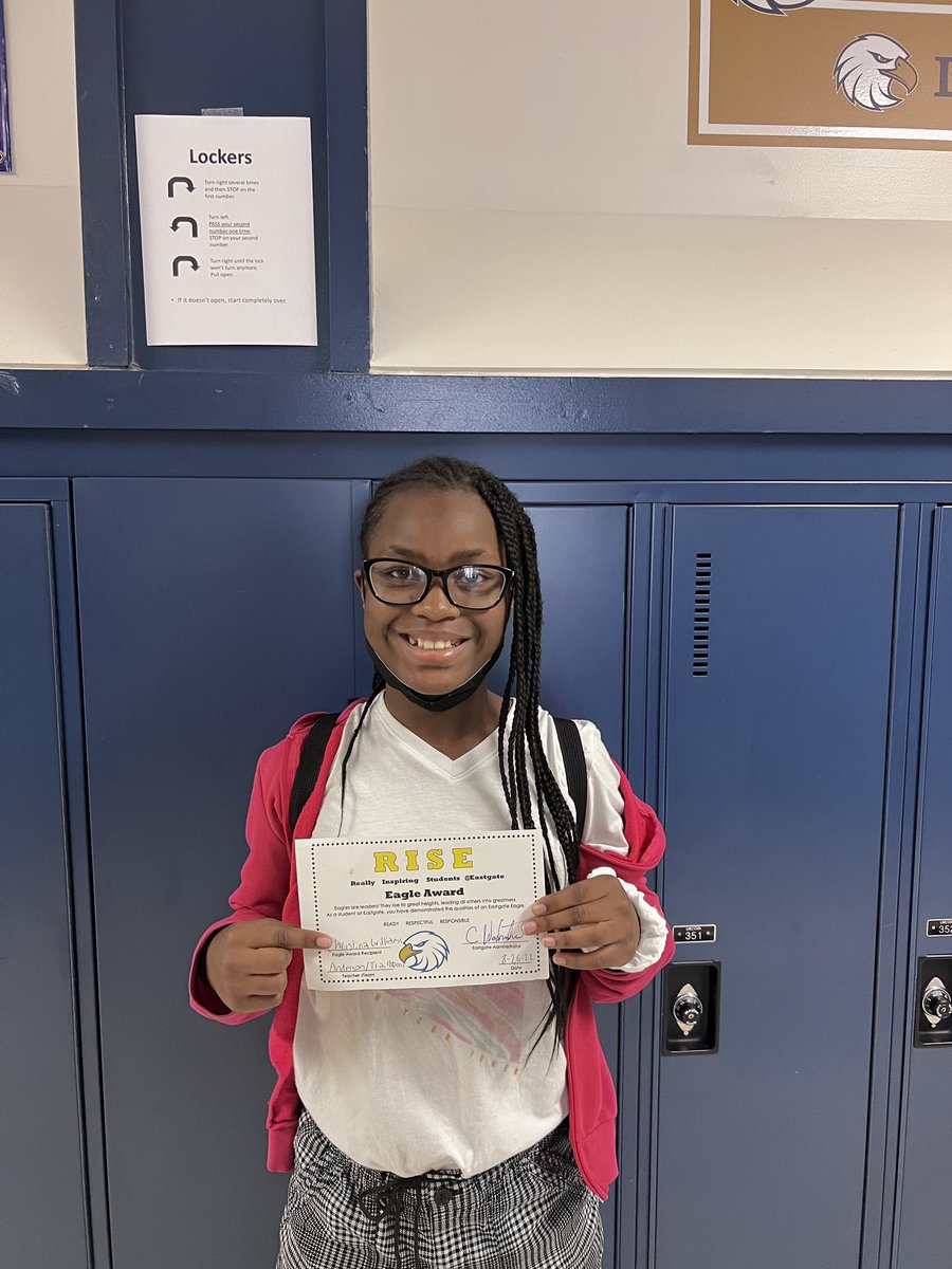 MsAnderson6th's tweet photo. First Eagles Rise winner from room 206! Christina ROCKED it this week by being super helpful and kind to her peers! @MrsWittmanEG and I are lucky to have such a ready, respectful, and responsible student!!!! https://t.co/bWjTV1dcE3