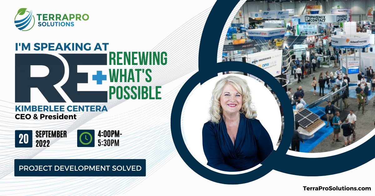 TerraProS's tweet photo. We're thrilled that Kimberlee Centera will be speaking at #RE2022, the largest #RenewableEnergy trade show in the country! 

#SPI #ESI #ClimateChange #Renewables #Energy #Sustainability #AlternativeEnergy 

To Learn More --> https://t.co/ytNUEqgccl https://t.co/NGkMNxeIBZ