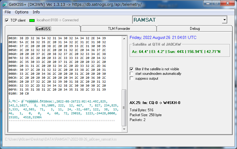 JA0CAW's tweet photo. RamSat 20;58 UTC 9K6 Telemetry over Japan ไน
ใใถใใซๅไฟกใๅ
ๆฐใงใใญใ#ramsat #cubesats @SatNOGS https://t.co/3ERZisjPMM