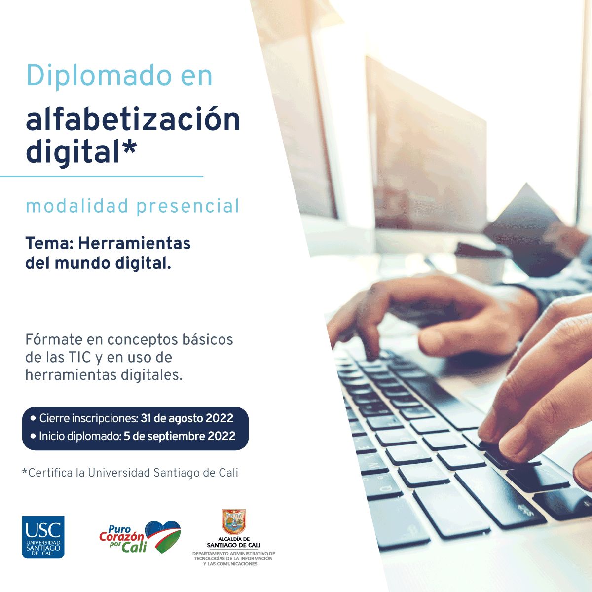 AlcaldiaDeCali's tweet photo. 📣Diplomados gratuitos para habitantes de las comunas 1, 15, 16 y 19. Para esta ocasión, serán certificados por la @usantiagodecali.

Inscríbase aquí: https://t.co/zgZRbqgqWu

@TICAlcaldiaCali @JorgeIvanOspina https://t.co/Wa6Lv1w3xu