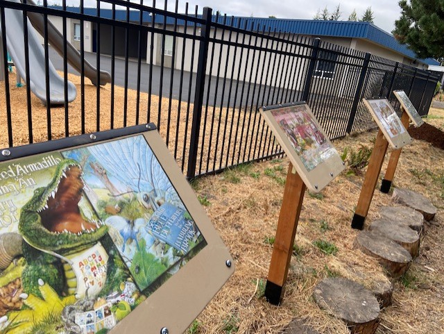 LaddAcres's tweet photo. A big thank you to our PTA, the Glencoe High School Woodshop, and our HSD Facilities Team for making our story walk possible. Come by and read a story as your stroll under the trees. #ProudtobeHSD #Storywalks https://t.co/oUgIMB1DwI