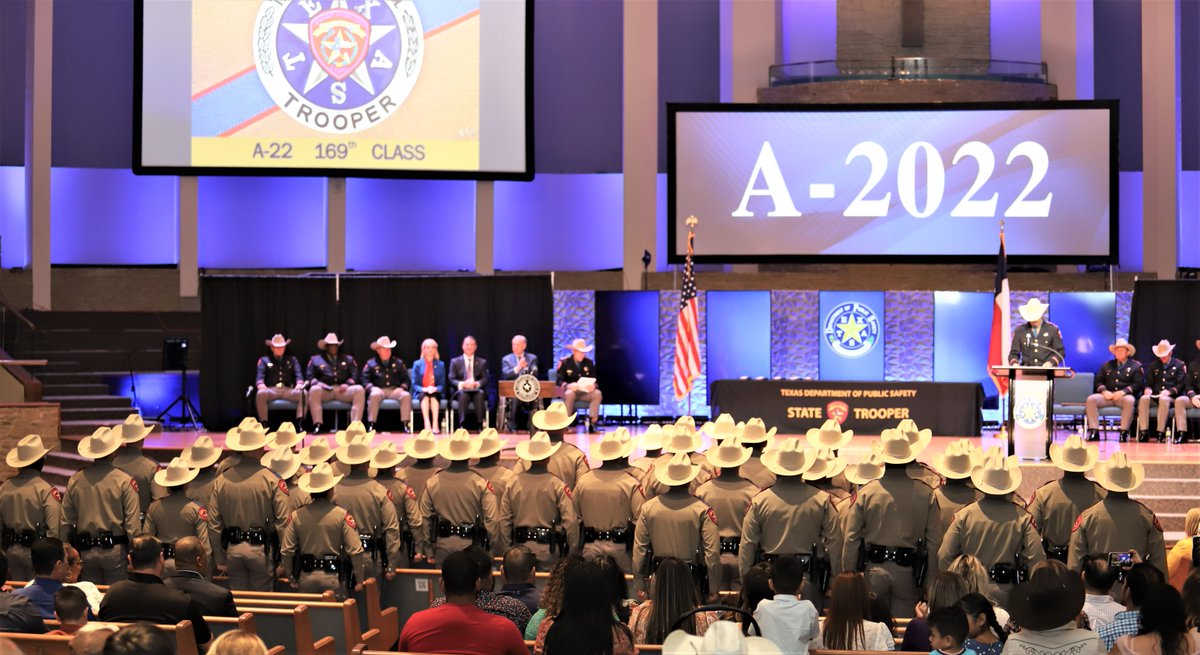TxDPS's tweet photo. Earlier today, DPS had the privilege of commissioning 45 new Troopers from Class A-2022. These men and women completed DPS' vigorous 28-week training academy. Join us as we congratulate DPS' 169th Recruit Class &amp; welcome our newest Troopers to our ranks! 

https://t.co/kX3lppD3yz https://t.co/8f6ZcaZxQd