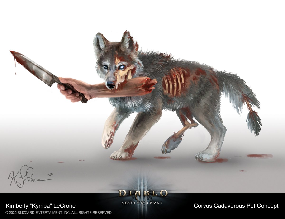 KLeCrone's tweet photo. "Corvus Cadaverous," the newest pet for Season 27 of @Diablo III, has been a very particular labor of love for me. :)

Here's my initial concept, which I used to pitch the idea of a playful pup (and especially resilient limb) to the #Diablo team. -- https://t.co/UI0giBwZz5